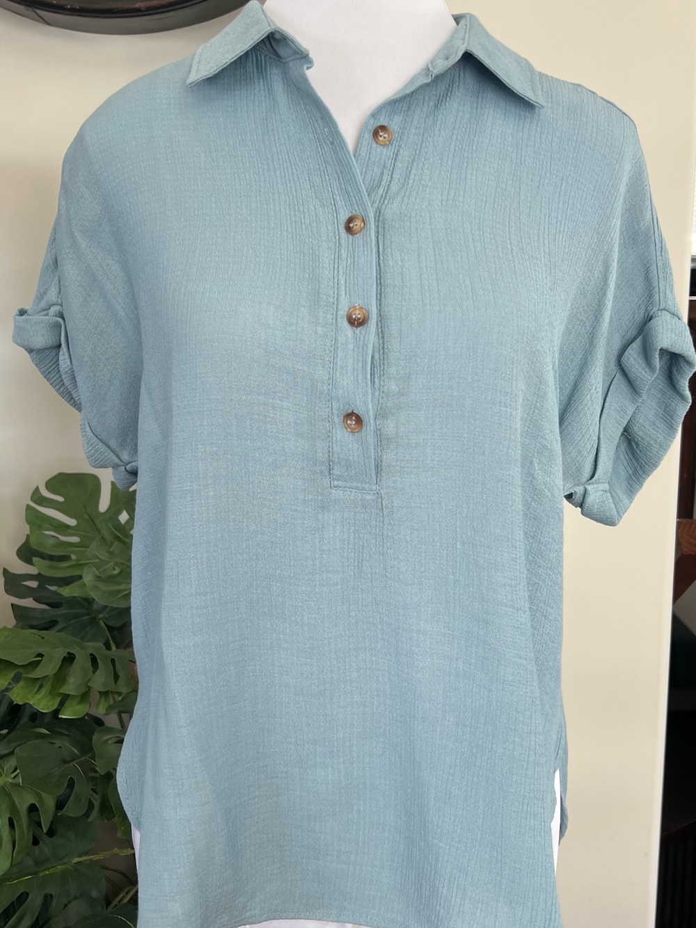mine Light Blue Casual Button-Down Short Sleeve Shirt